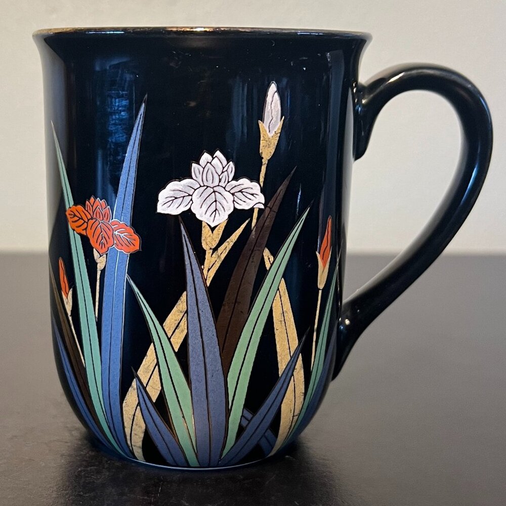 VTG 1980s Otagiri Japan Black Porcelain Iris Daylily Mug Gold Trim 10oz Retro